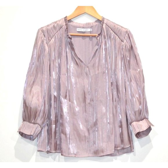 size M‎ pleated Rebecca Minkoff Billie lilac pink silky blouse top polyester 3/4 - Picture 1 of 9